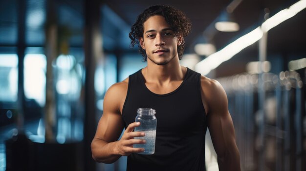 Hombre atlético sosteniendo una botella de agua en el fondo del gimnasio
