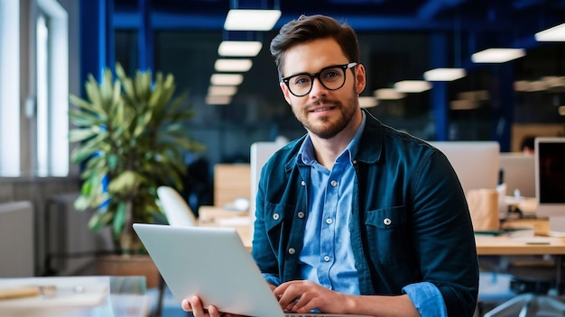 Foto hombre atractivo sin gafas está sentado cerca del lugar de trabajo en la oficina