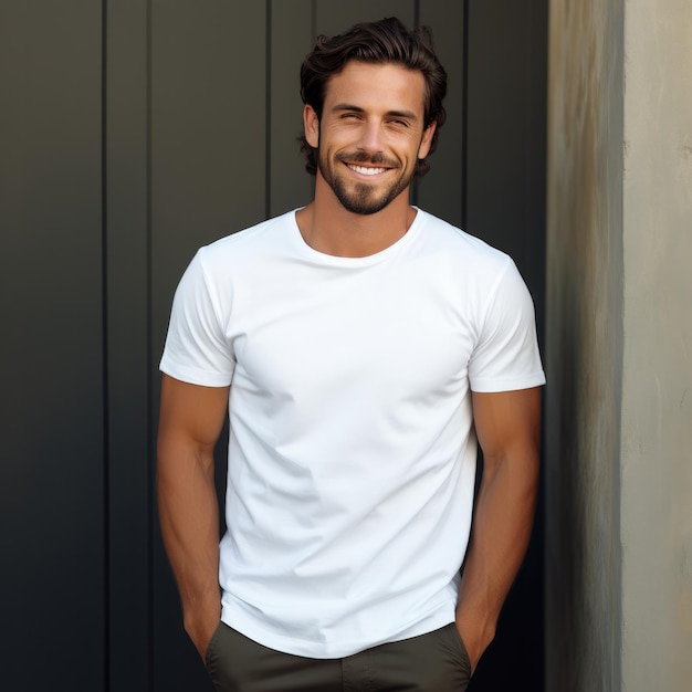 Hombre atractivo que usa una camiseta en blanco vacía para la maqueta