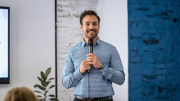 Hombre atractivo sonriendo en un vestido causal inteligente sosteniendo un micrófono dando una presentación en un fondo blanco