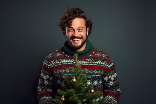 Hombre atractivo con suéter de Navidad sosteniendo un árbol de Navidad sobre un fondo de color mínimo