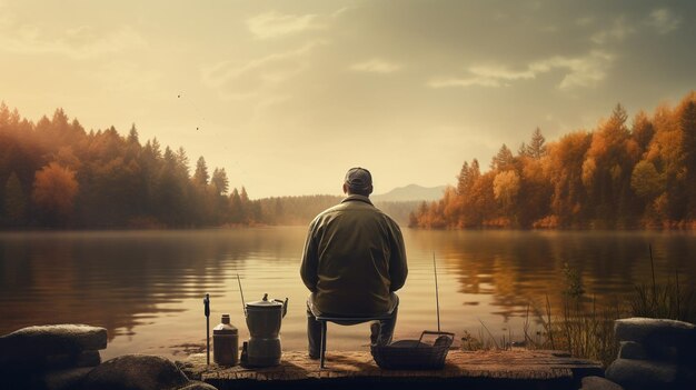 un hombre atrapa peces en un estanque un lago hermosa naturaleza IA generativa AI