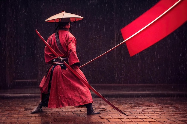 Un hombre con atuendo tradicional japonés se para en una acera de piedra. Representación 3D.