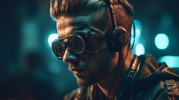 Un hombre con audífonos y anteojos con la palabra cyberpunk en el frente