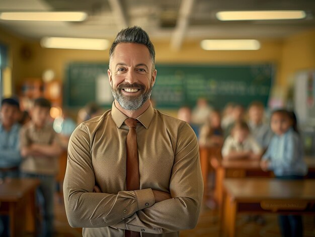 Un hombre en un aula con un grupo de estudiantes