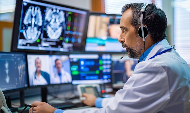 un hombre con un auricular en la cabeza está usando una computadora