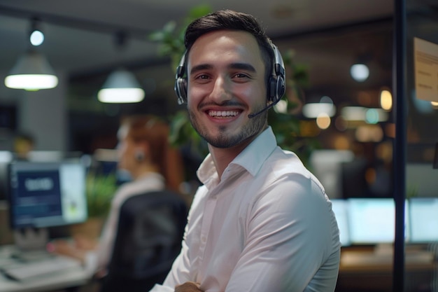 Foto un hombre con un auricular con la palabra en él