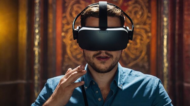 un hombre con un auricular de realidad virtual con una camisa azul