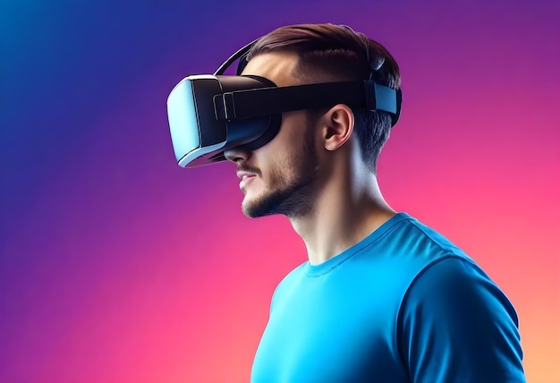 un hombre con un auricular de realidad virtual está usando una camisa azul