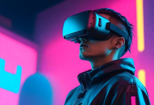 un hombre con un auricular de realidad virtual está usando una chaqueta azul