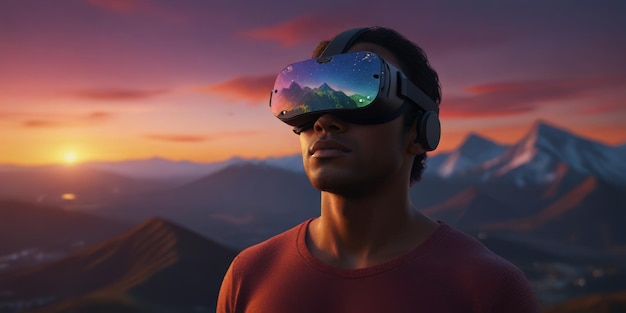 Hombre con auricular de realidad virtual en el fondo del paisaje