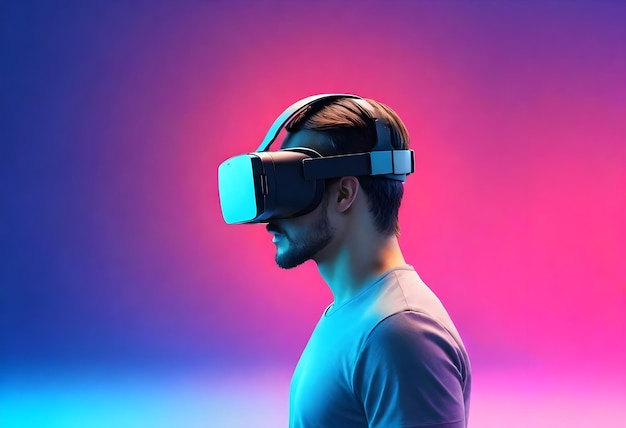 un hombre con un auricular de realidad virtual con las palabras "virtual" en la parte inferior