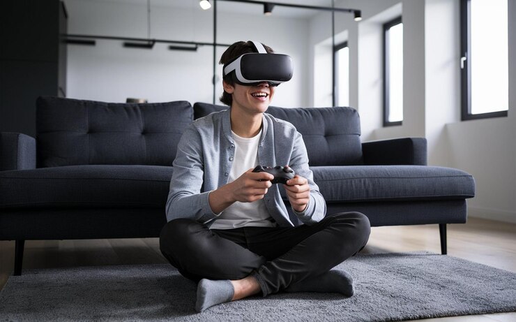 un hombre con un auricular de realidad virtual se sienta en una alfombra