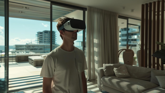 Foto un hombre con un auricular de realidad virtual está usando un par de gafas de realidad virtual