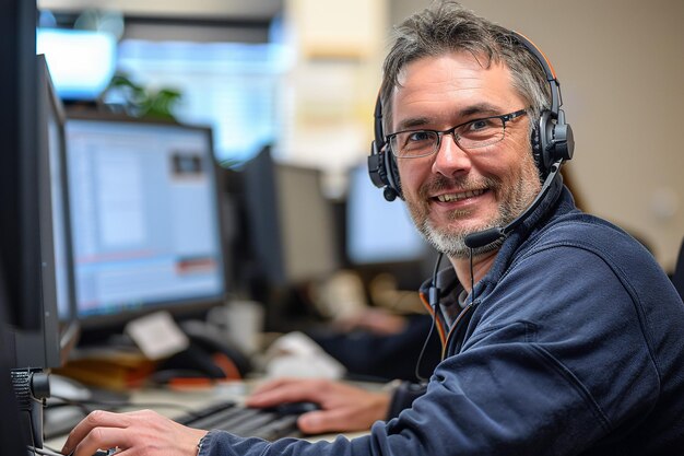 Foto un hombre con auriculares con barba y gafas