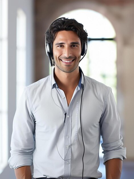 Foto un hombre con auriculares y una camisa con las palabras auriculares