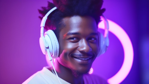 Un hombre con auriculares y una camiseta blanca con la palabra música