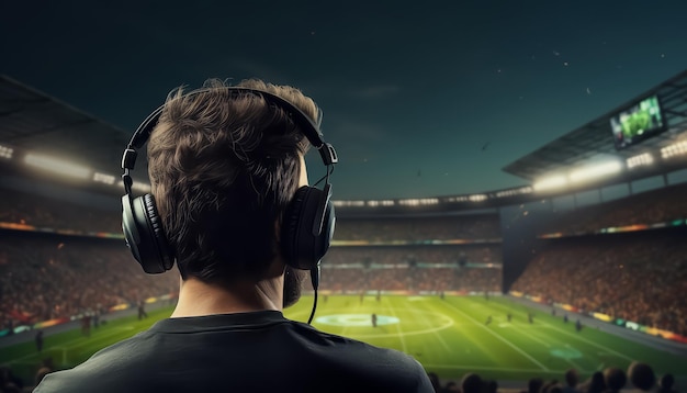 Hombre con auriculares de cancelación de ruido en un estadio de fútbol