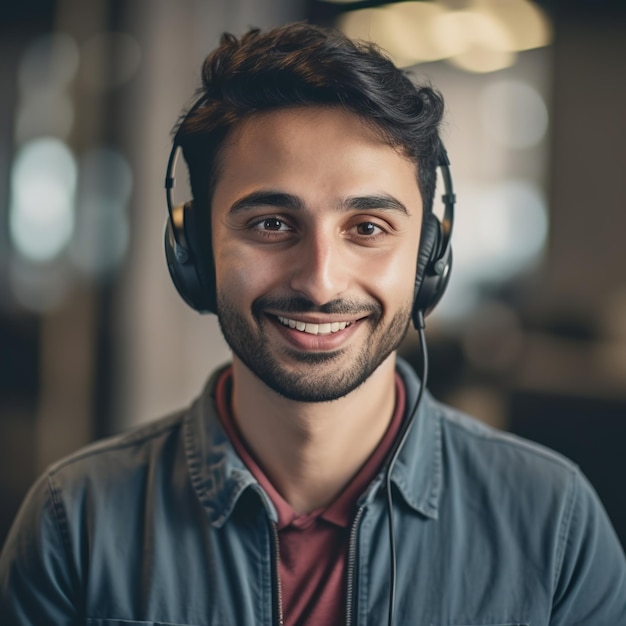 Un hombre con auriculares y chaqueta sonríe a la cámara.