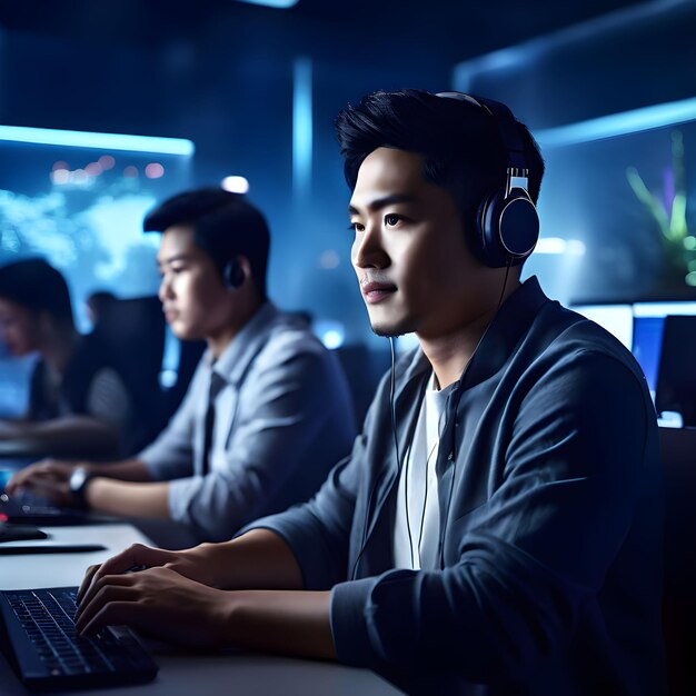 un hombre con auriculares y una computadora portátil delante de él