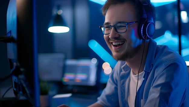 Hombre con auriculares en la computadora