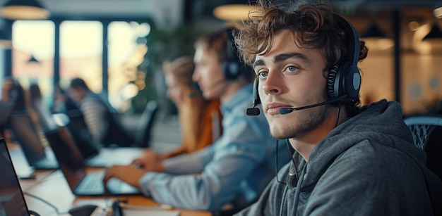 Hombre con auriculares en el escritorio de la computadora