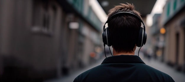 Hombre con auriculares escuchando música caminando por la calle vista trasera banner IA generativa