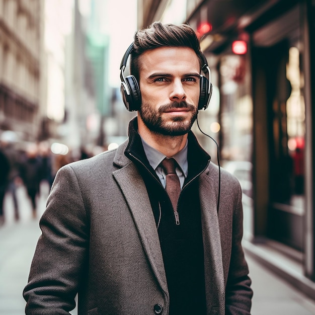 un hombre con auriculares está caminando por la calle