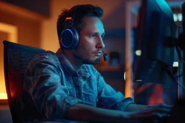 un hombre con auriculares está sentado frente a un monitor de computadora