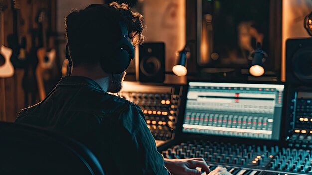 Foto hombre con auriculares en el estudio de música de mesa de mezcla