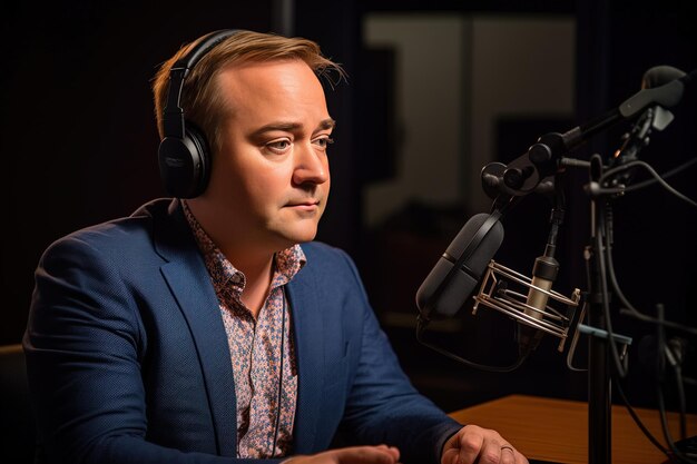 un hombre con auriculares y un micrófono delante de él