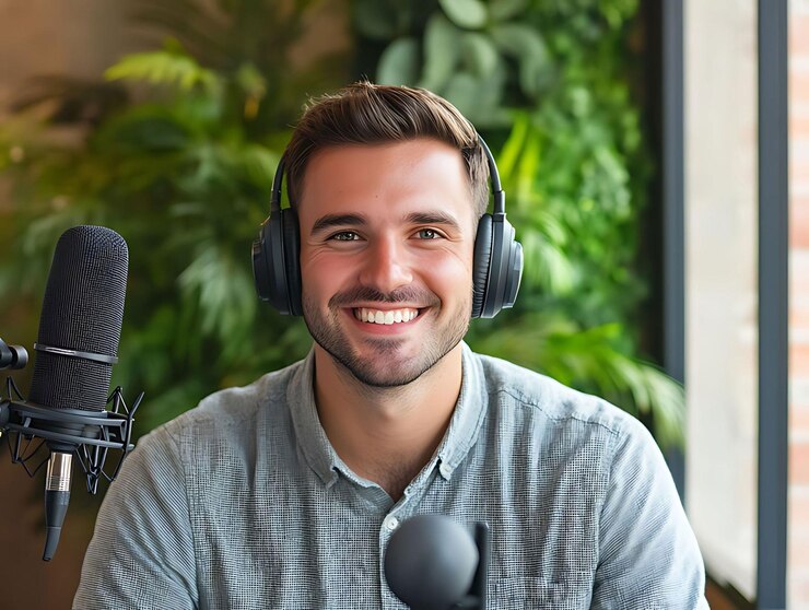 un hombre con auriculares y un micrófono que dice sonrisa