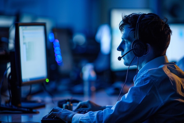 un hombre con auriculares y un monitor con una luz azul en la pantalla