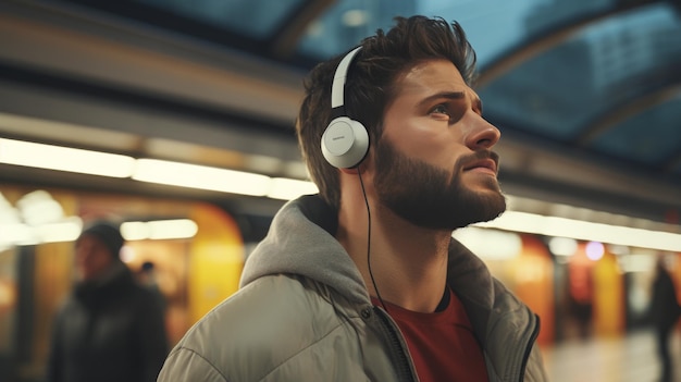 Hombre con auriculares de pie en la estación de metro