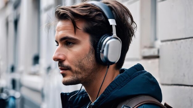 Hombre con auriculares de pie junto al edificio