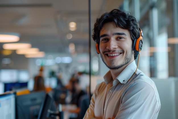 Foto un hombre con auriculares que dicen que está sonriendo