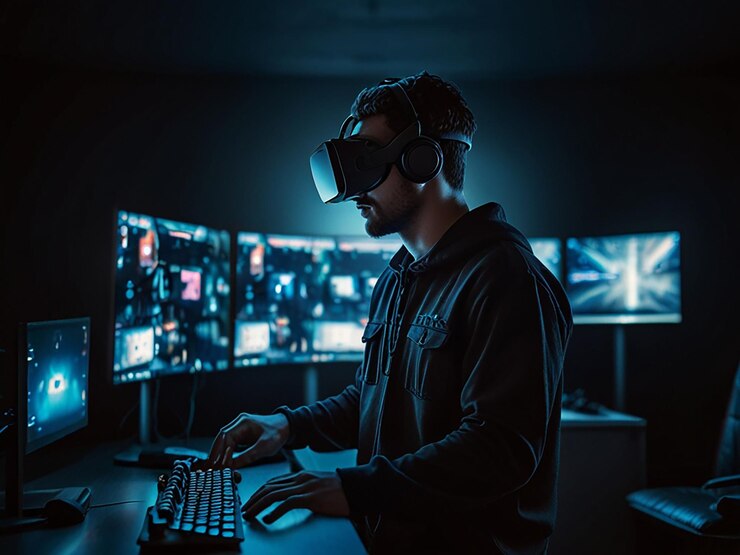 un hombre con auriculares de realidad virtual está sentado frente a una televisión