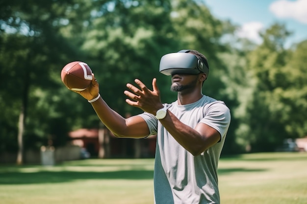 Hombre con auriculares de realidad virtual con una pelota de fútbol en la mano derecha
