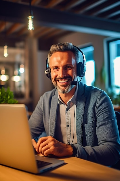 Hombre con auriculares sentado frente a una computadora portátil con auriculares IA generativa