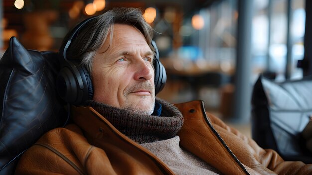 Foto hombre con auriculares sentado en una silla ia generativa