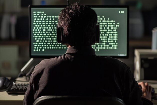 Un hombre con auriculares se sienta frente a una pantalla de computadora con un código mostrado