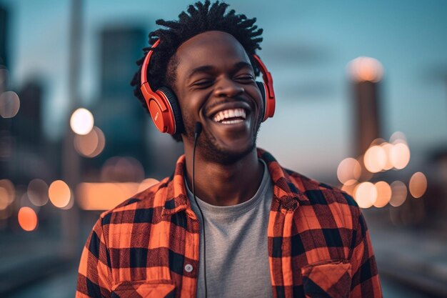 un hombre con auriculares y una sonrisa en la cara