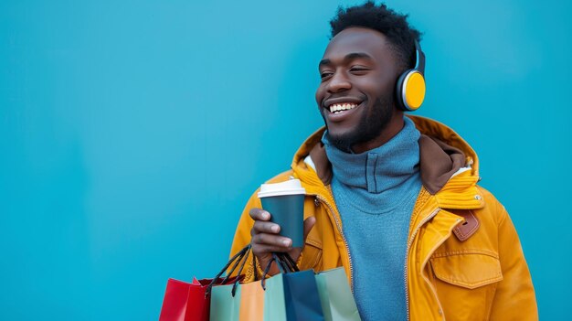 un hombre con auriculares y una taza de café