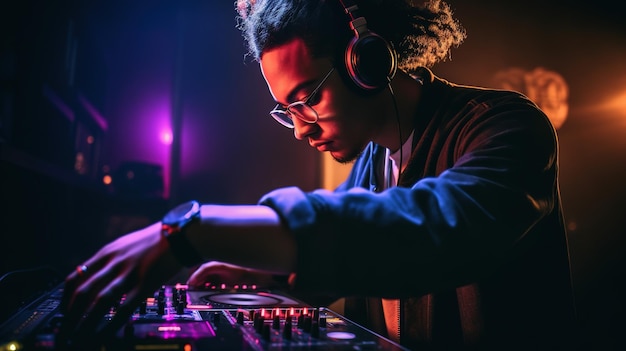 Un hombre con auriculares toca música en un club.