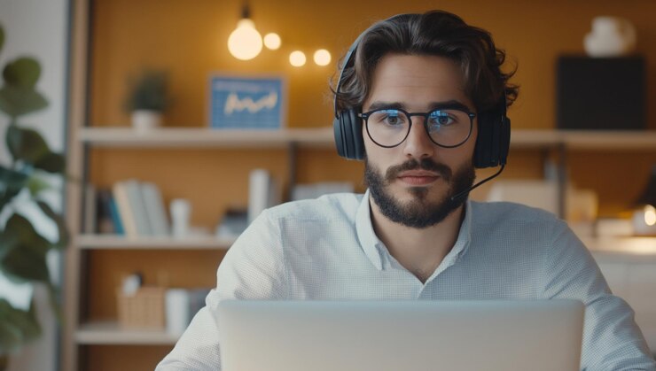 Hombre con auriculares trabajando en una computadora portátil en la oficina