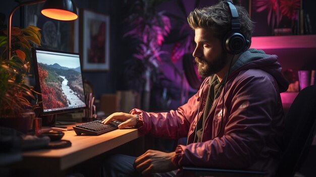 Hombre con auriculares usando una computadora