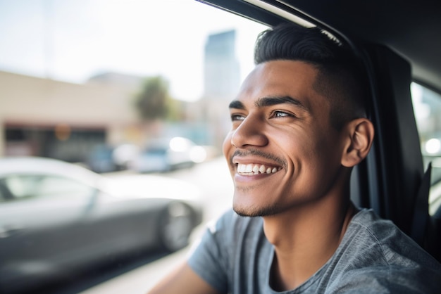 Un hombre en un auto mirando por la ventana y sonriendo.