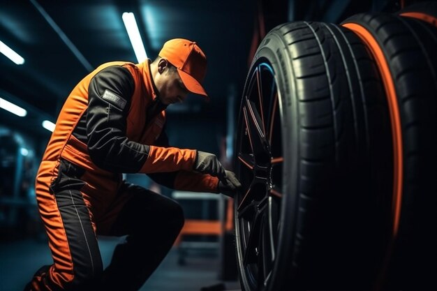 Foto hombre de automóvil mecánico de inspección vehículo de transporte garaje neumático de automóvil auto ia generativa