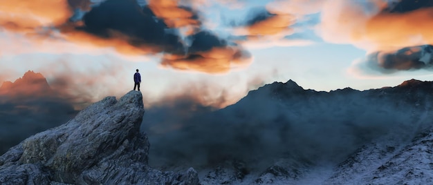 Hombre de aventura en el fondo de la naturaleza del paisaje de las Montañas Rocosas