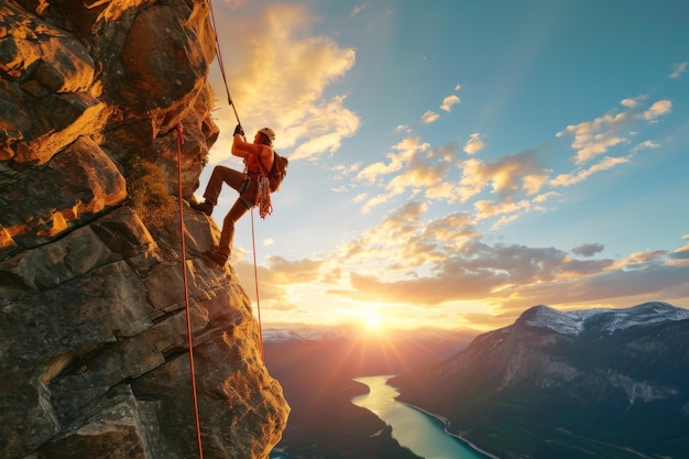 Foto un hombre aventurero conquista el difícil ascenso de una montaña